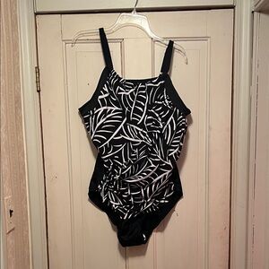 Swimsuits For All Black and White Leaf Print One Piece